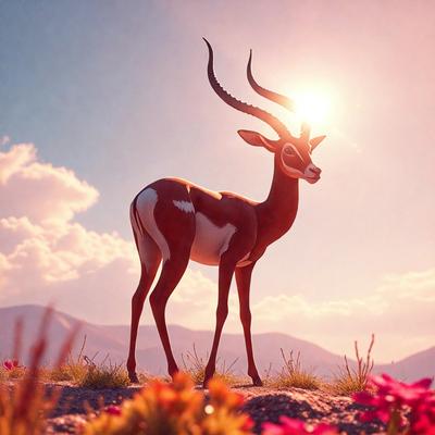 The primary subject of the image is a large, colorful giraffe standing on a rocky hillside. The giraffe is the focal point of the scene, and its unique appearance and striking colors make it stand out. The setting is a mountainous landscape, with the giraffe standing on a rocky surface. The visual style of the image is a combination of photo and digital art, creating a vibrant and realistic representation of the giraffe in its natural habitat. The colors and mood of the image